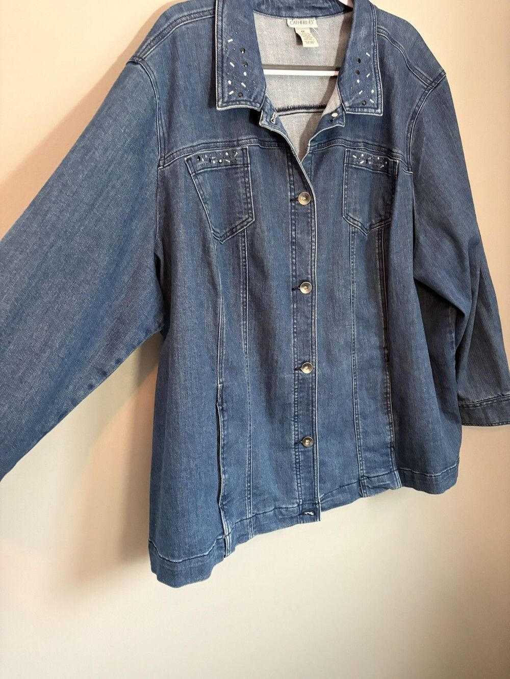 Catherines Denim Jacket Stretch Rhinestone Bling Jean Coat Casual Chic Artsy 4XL